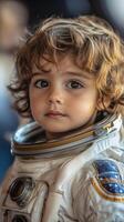 Child in astronaut suit poses with a curious expression and bright blue eyes photo