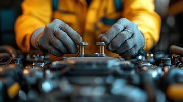 Skilled worker assembling machinery components in workshop with focus on bolts and tools photo