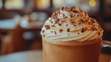 Delicious hot chocolate topped with whipped cream and chocolate shavings served in a cozy caf photo