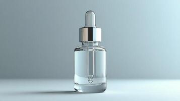 Clear serum dropper bottle showcasing skincare product on a minimalist background in bright light photo