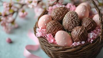 Decorative chocolate eggs in a woven basket surrounded by flowers and ribbons during spring celebration photo