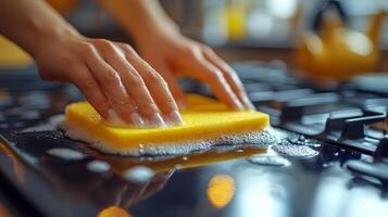 Hands scrubbing a kitchen countertop with a sponge and soap during cleaning chores in bright condition photo