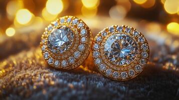 Elegant gold and diamond earrings displayed on a textured surface under soft golden light photo