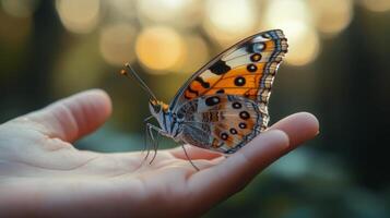 Butterfly perched delicately on an outstretched hand during a serene sunset moment photo