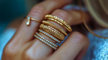 Elegant gold rings with emerald stones displayed on a hand against a cozy knitted sweater backdrop photo