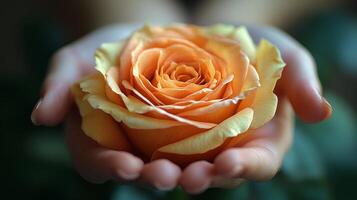 Beautiful orange rose held delicately in hand during golden hour photo