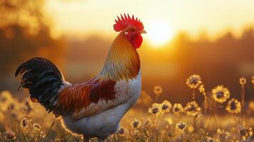 Bright sunrise behind a rooster in a field of grass at dawn in rural landscape photo