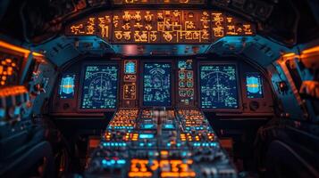 Control panel of an aircraft cockpit illuminated with orange and blue lights at night photo