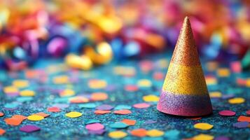 Colorful party hat and confetti create a festive atmosphere for celebrations photo