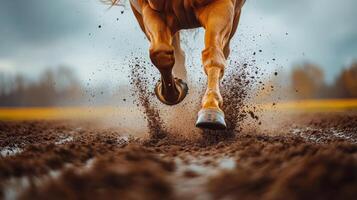 Horse galloping through muddy ground on an overcast day in rural landscape photo