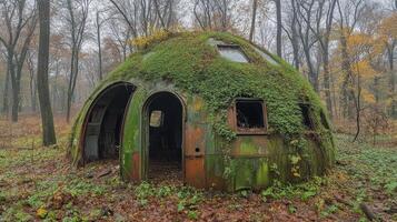 Abandoned dome house covered in vines in a lush green landscape under a cloudy sky photo