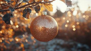 Frosted Christmas ornament hanging on a snowy branch during winter photo