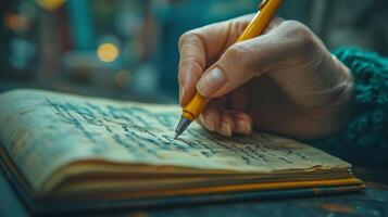 Handwriting in a notebook with a yellow pencil in a cozy indoor setting during the evening photo