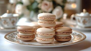 Colorful macarons arranged on a decorative plate with floral pattern for a dessert display photo