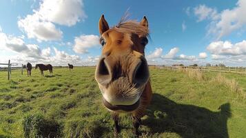 Close up view of a curious horse in a green pasture on a sunny day photo