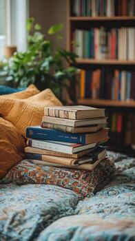 Cozy reading nook with bookshelves and decorative pillows in a rustic environment photo