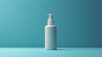 Minimalist white bottle on blue background with soft shadow in natural light photo