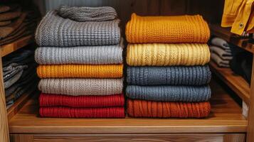 Cozy sweaters and neatly folded clothes displayed on wooden shelves in a stylish wardrobe photo