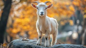 Majestic goat standing on rocky terrain with scenic backdrop during daylight photo