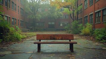 Abandoned courtyard with bench surrounded by overgrown plants in a misty environment photo