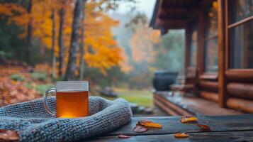 Warm tea in a glass mug resting on a cozy blanket by a log cabin in autumn woods photo