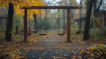 Abandoned playground swings in overgrown courtyard of derelict brick building complex photo