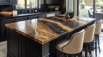 Modern kitchen design with natural light and elegant stone island in serene garden view photo