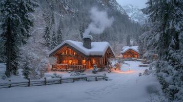Beautiful winter sunset over a cozy cabin situated near a river in a mountainous area photo