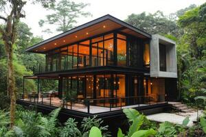 Modern architecture blends with nature in a tropical forested setting photo