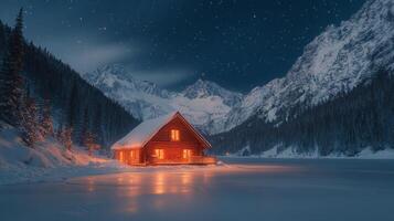 Cozy cabin illuminated at night against a snowy mountain backdrop in winter wonderland photo