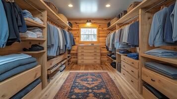 Organized wooden closet with neatly arranged clothes and accessories in a bright setting photo