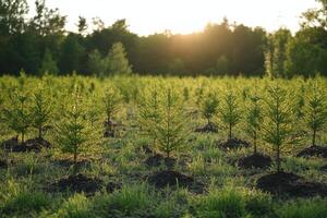 Young trees growing in a field at sunset with sunlight illuminating the landscape photo