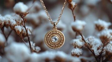 Elegant silver necklace with a sparkling pendant surrounded by white flowers photo