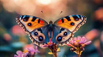 Colorful butterfly perched on vibrant flowers in a sunny garden during springtime photo