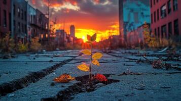 Cracks in pavement with green plants emerging in urban street setting at dusk photo