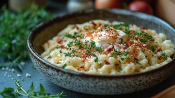Creamy pasta dish topped with butter and parsley served in a restaurant setting photo