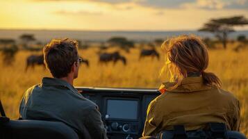Couple observing wildlife from a safari vehicle in a scenic savanna setting during a sunny day photo