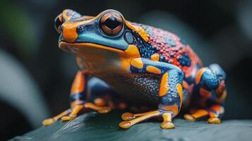 Colorful tropical frog perched on a green leaf in a rainforest habitat photo