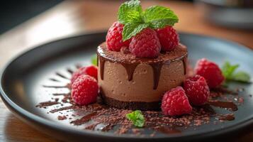Delicious chocolate mousse dessert topped with fresh raspberries and mint leaves on a black plate photo