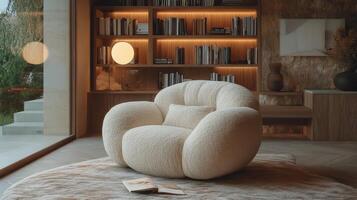 Cozy reading nook with large window overlooking a serene garden during daylight hours photo