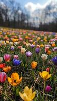 Vibrant tulip field blooms in springtime at a local park under a bright blue sky photo