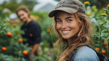 Couple smiles while working in a home garden filled with fresh green plants and herbs photo