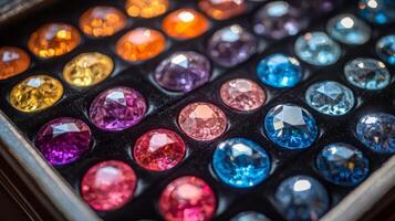 Colorful collection of decorative glass orbs displayed in a wooden box with velvet lining photo