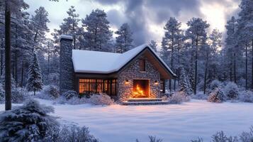 Cozy log cabin in snowy landscape during sunset surrounded by pine trees photo