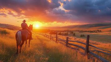 Cowboy riding into sunset on a horse across a grassy landscape in open countryside photo