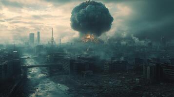 Desolate urban landscape with smog and ruined buildings in an abandoned area during cloudy weather photo