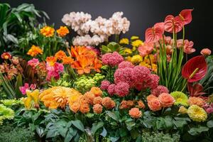 Vibrant display of assorted flowers in a modern setting showcasing colors and textures photo