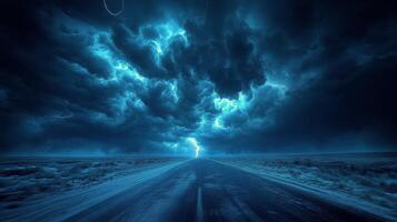 Dramatic storm clouds illuminate the horizon during sunset with flashes of lightning in the sky photo