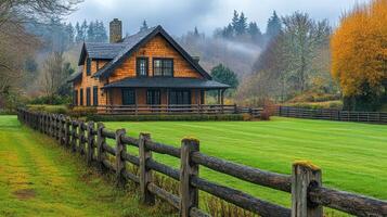 Charming wooden house surrounded by lush greenery and scenic landscaping in a peaceful rural setting photo