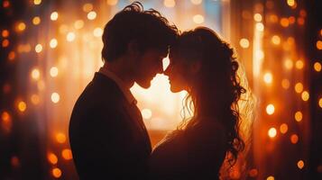 Romantic couple sharing a tender moment in a festive setting during a winter evening photo